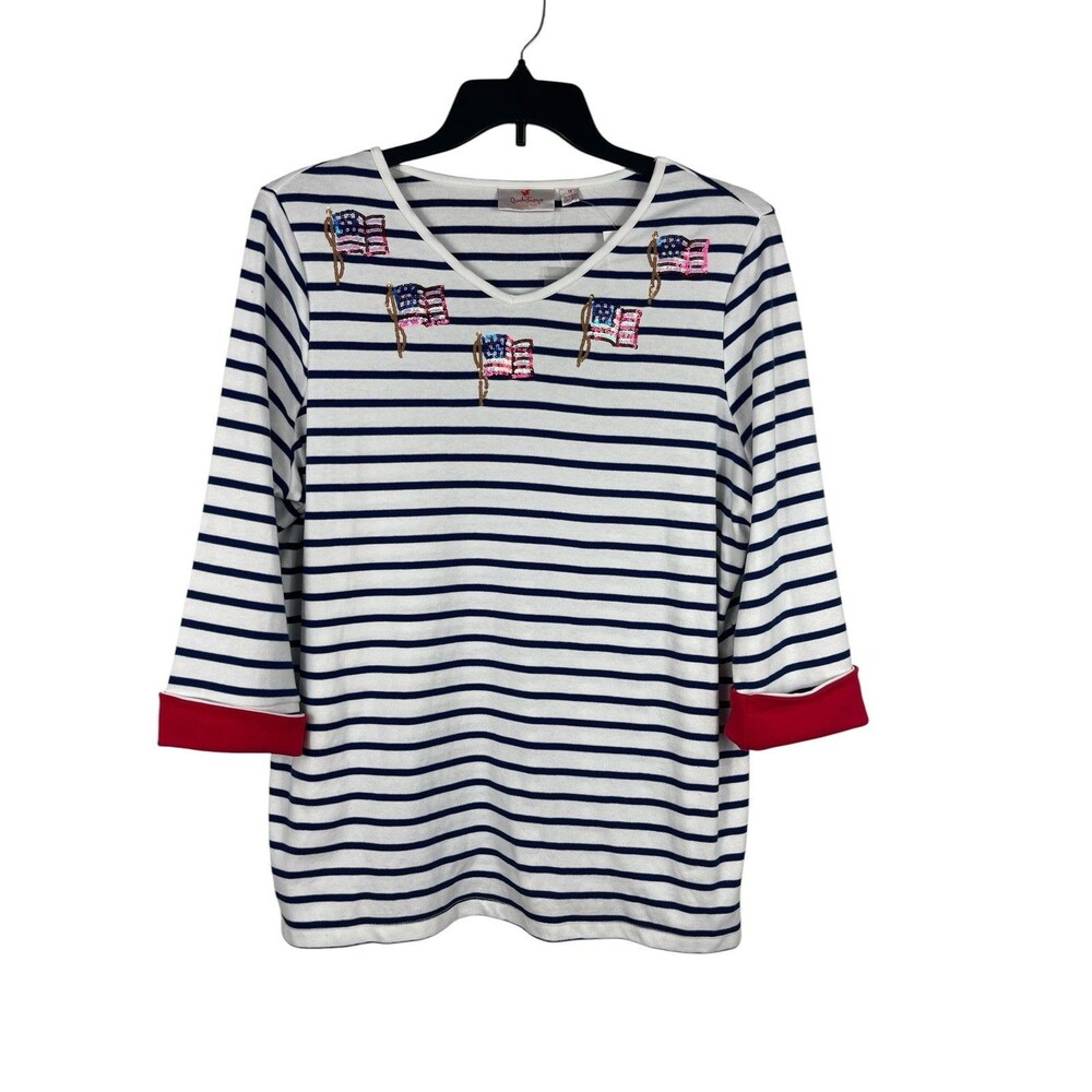 Quacker Factory 1X Top Navy White Stripe Sequin American Flag Patriotic NWT
